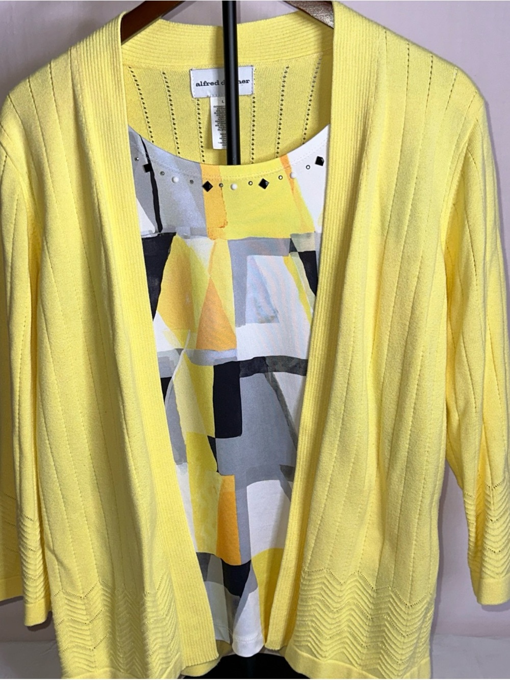 Alfred Dunner Yellow Open-Front Layered Knit Cardigan with Geometric Print